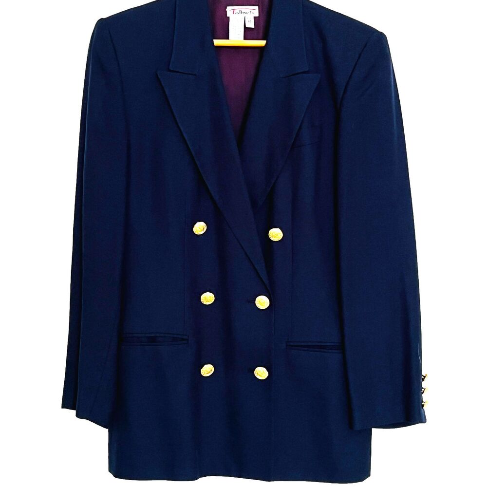 Vintage Talbots Blazer 10 Double Breasted Navy Linen Blend Italian Fabric USA